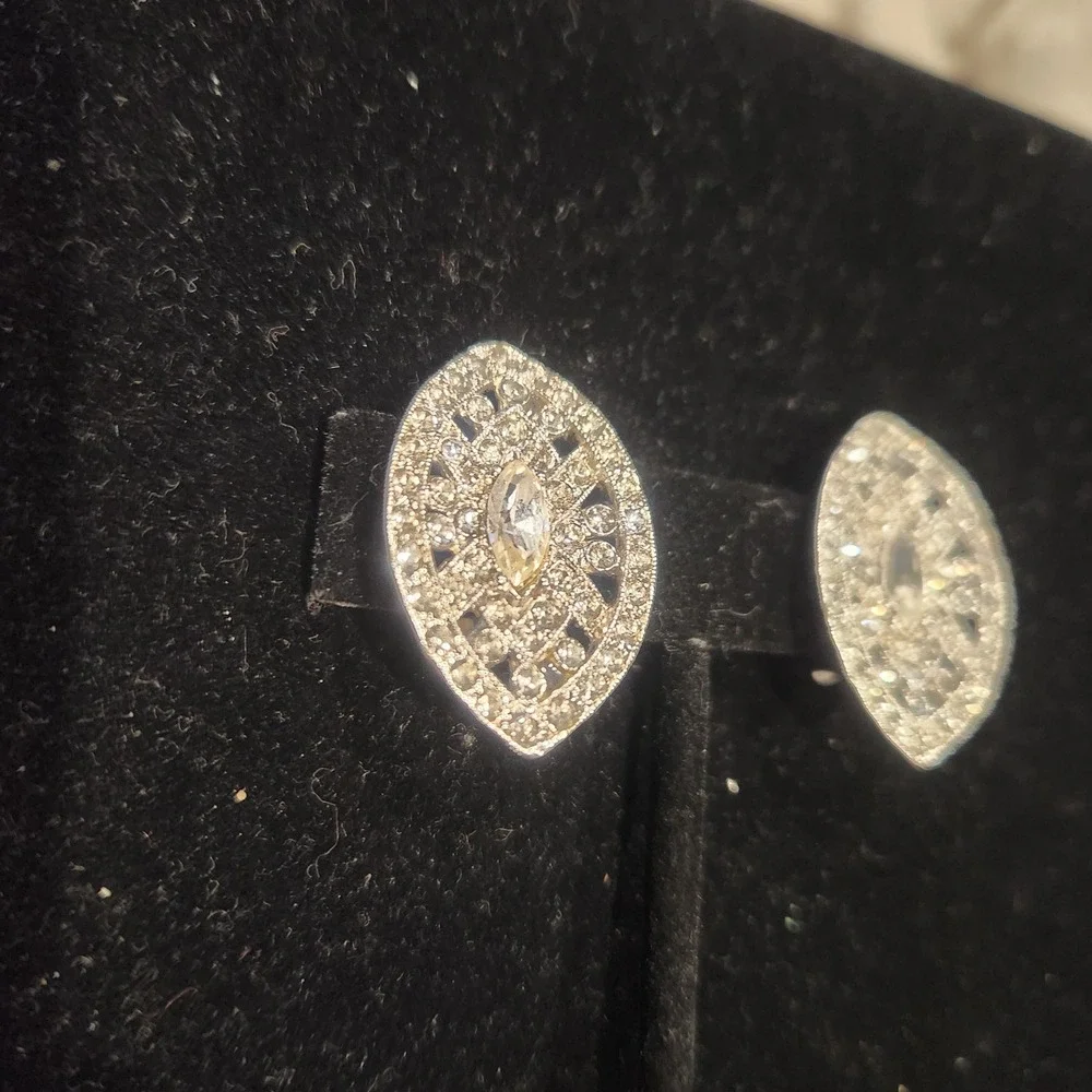 Kenneth Jay Lane Silver Tone Rhinestone Marquise Clip On Statement Earrings